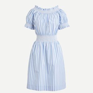 J. Crew Light Blue and White Smoked Puff Sleeve Cotton Poplin Stripe Dress